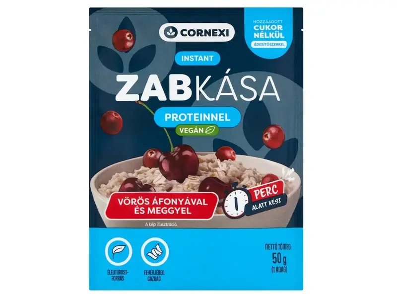 Cornexi vörösáfonyás-meggyes protein zabkása édesítőszerrel, vegán 50g